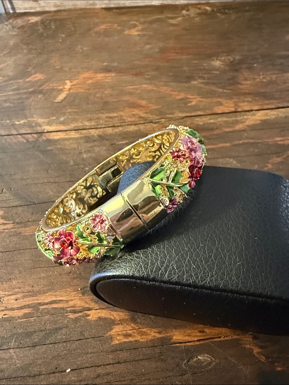 Gold Plated Floral Enamel Hinged Wide Bangle Bracelet with Pink Flowers